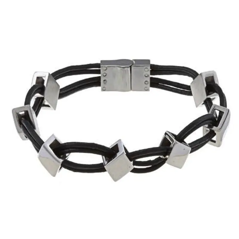 Stainless Steel Leather and Diamond Shaped Links Bracelet
