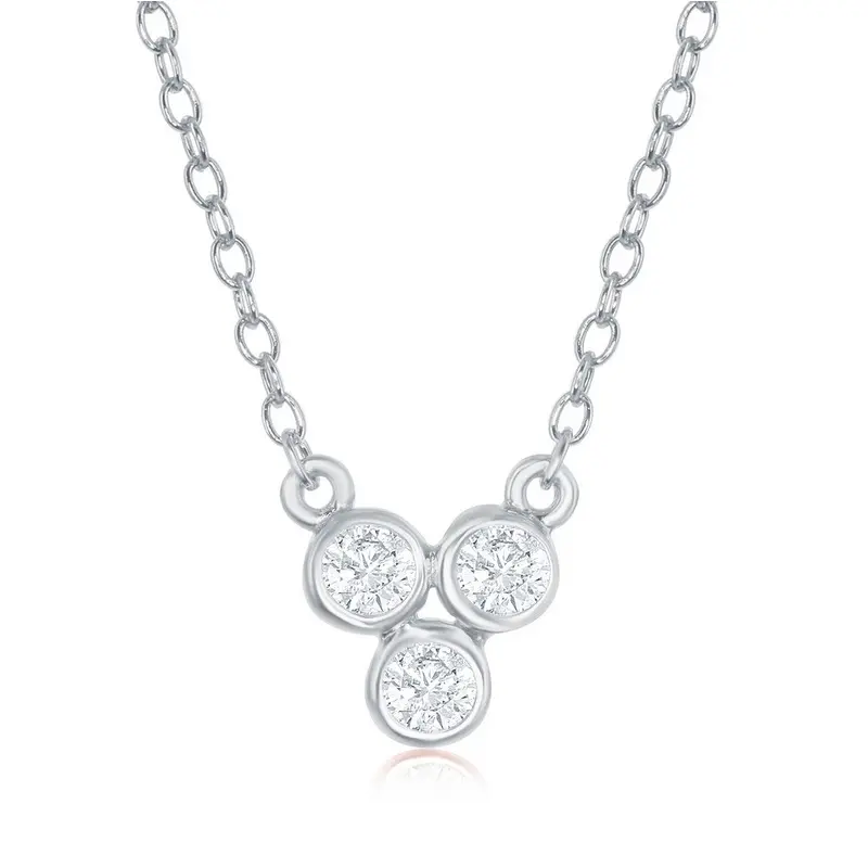 Sterling Silver Three Small Bezel-Set CZ Dainty Necklace - Rhodium Plated