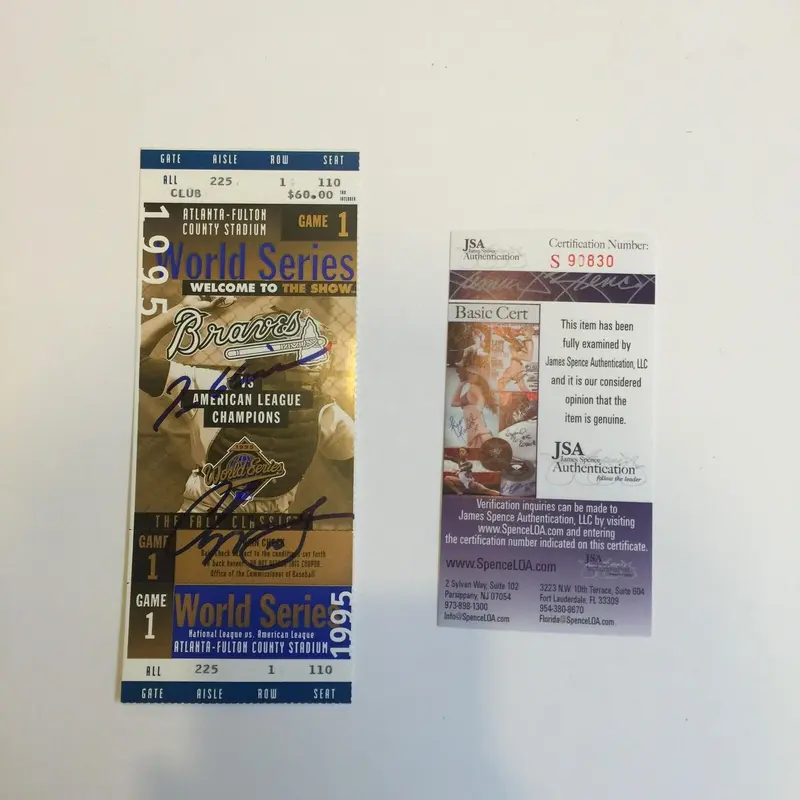Chipper Jones & Tom Glavine Signed 1995 World Series Original Ticket JSA COA