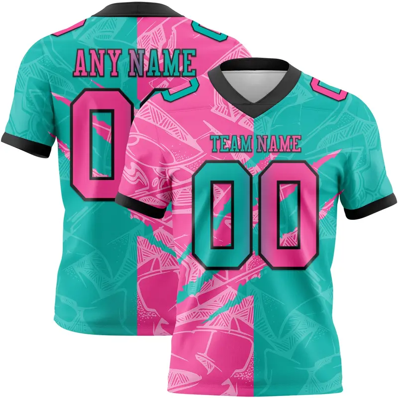 Custom Aqua Pink-Black Mesh Authentic Gradient Fashion Scratch Football Jersey