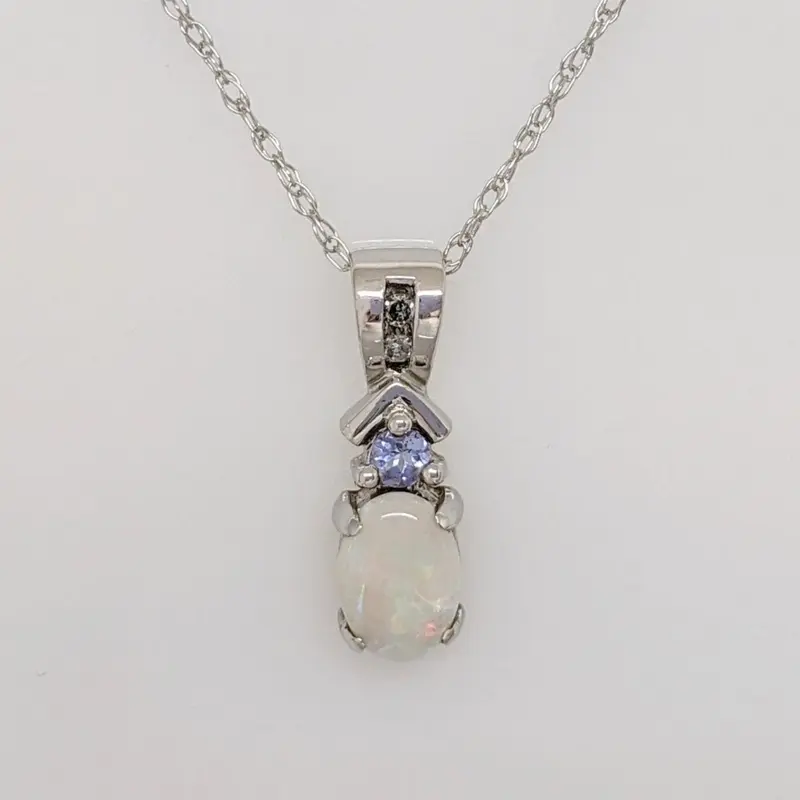14K WHITE OPAL 5X7 WITH ROUND TANZANITE ESTATE PENDANT & CHAIN 1.9 GRAMS