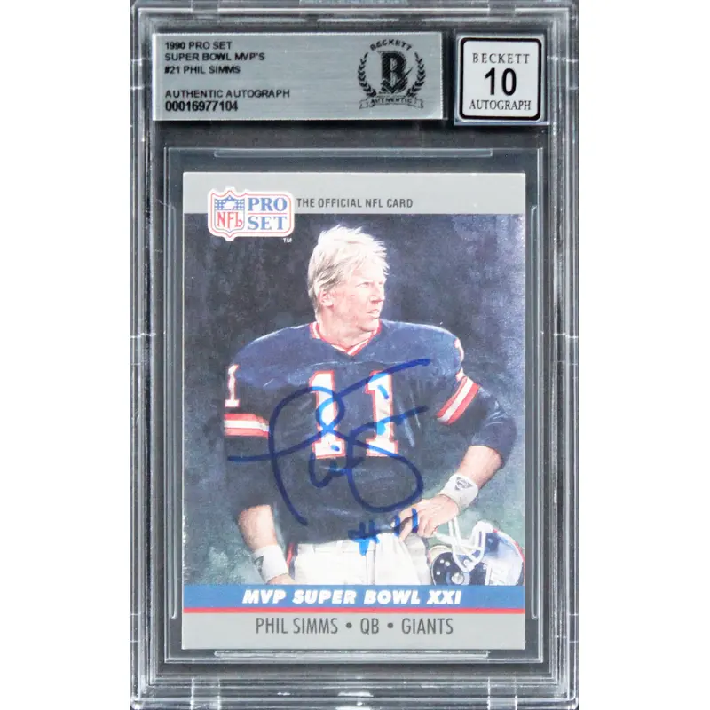Giants Phil Simms Signed 1990 Pro Set Super Bowl MVP's #21 Card Auto 10 BAS Slab