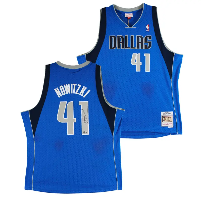Mavericks Dirk Nowitzki Signed Blue M&N 2010-11 HWC Swingman Jersey BAS #BS20483