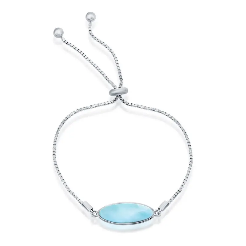 Sterling Silver, Oval Larimar Adjustable Bolo Bracelet