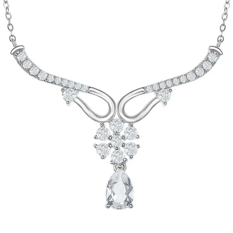 Sterling Silver Y Design Flower and 3.15 cttw White Topaz Teardrop Bridal Neckalce