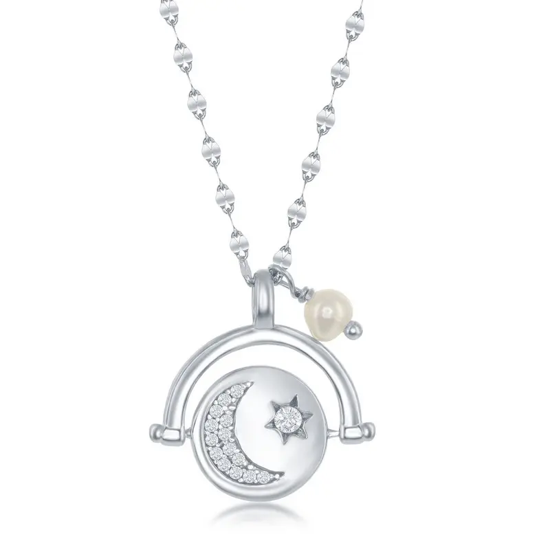 Sterling Silver Moon and Stars CZ Spinning Disc with FWP Flat Mirror Chain Necklace