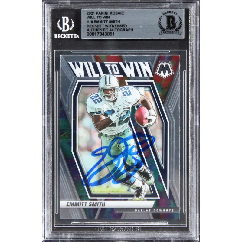 Cowboys Emmitt Smith Signed 2021 Panini Mosaic Will To Win #18 Card BAS Slabbed