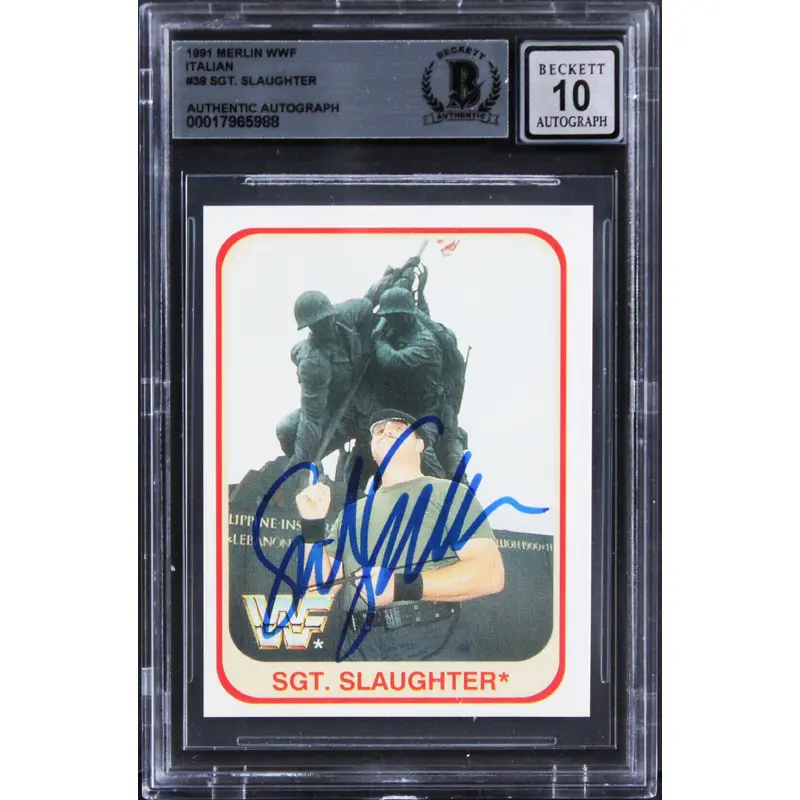 Sgt. Slaughter Signed 1991 Merlin WWF Italian #38 Card Auto 10! BAS Slabbed