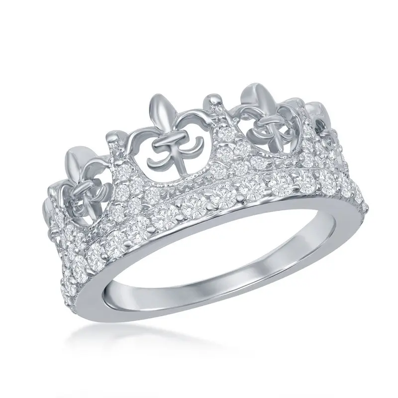 Sterling Silver Crown Fleur De Lis Style CZ Ring