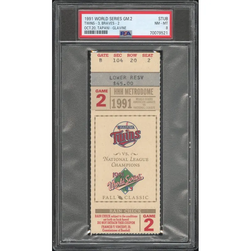 1991 World Series Game 2 Ticket Stub PSA 8 Nm-Mint