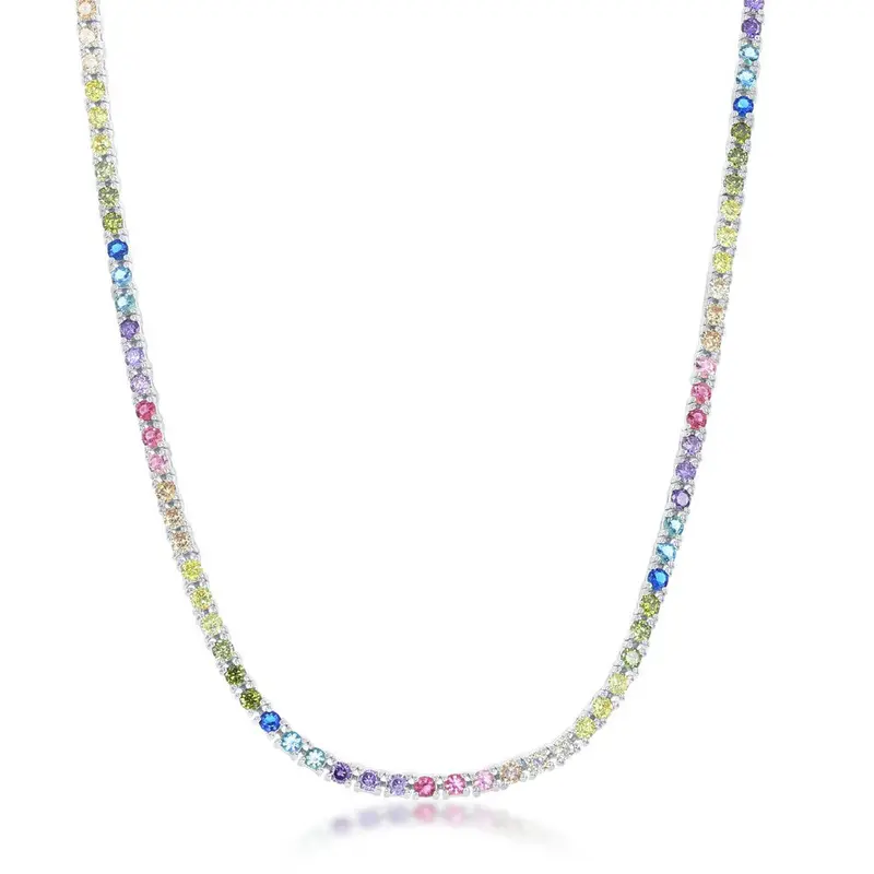 Sterling Silver 3mm Rainbow CZ Necklace