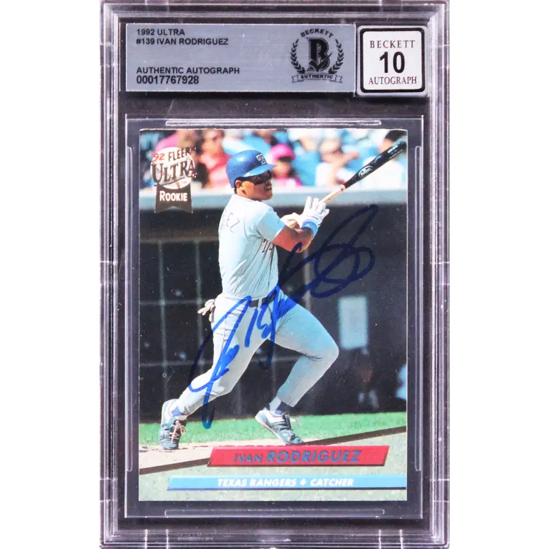 Rangers Ivan Rodriguez Signed 1992 Ultra #139 Rookie Card Auto 10! BAS Slabbed