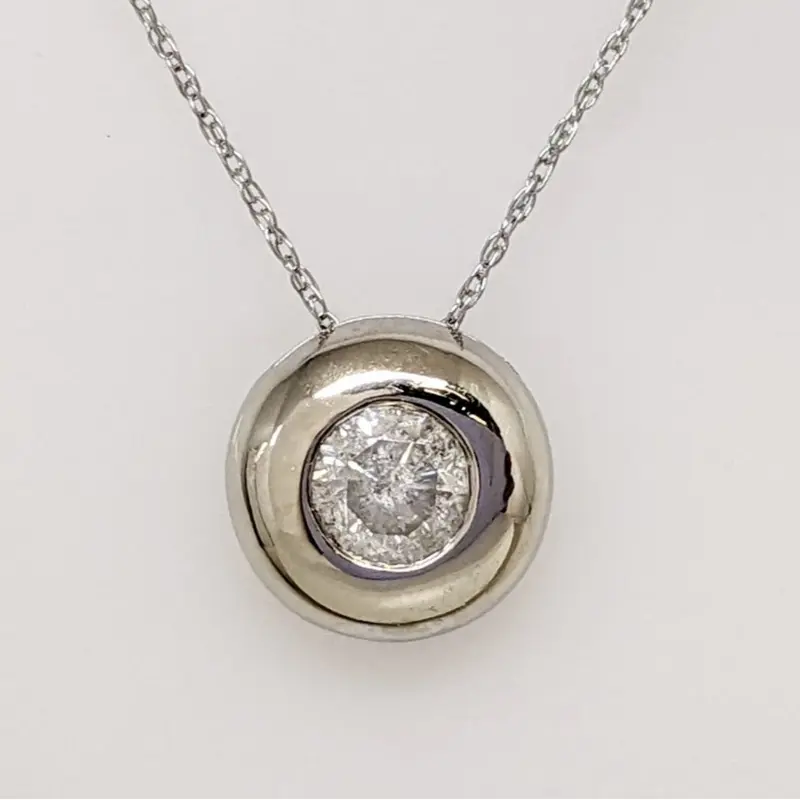 14K WHITE .50 CARAT TOTAL I2 H DIAMOND ROUND BEZEL ESTATE PENDANT & CHAIN 2.1 GRAMS