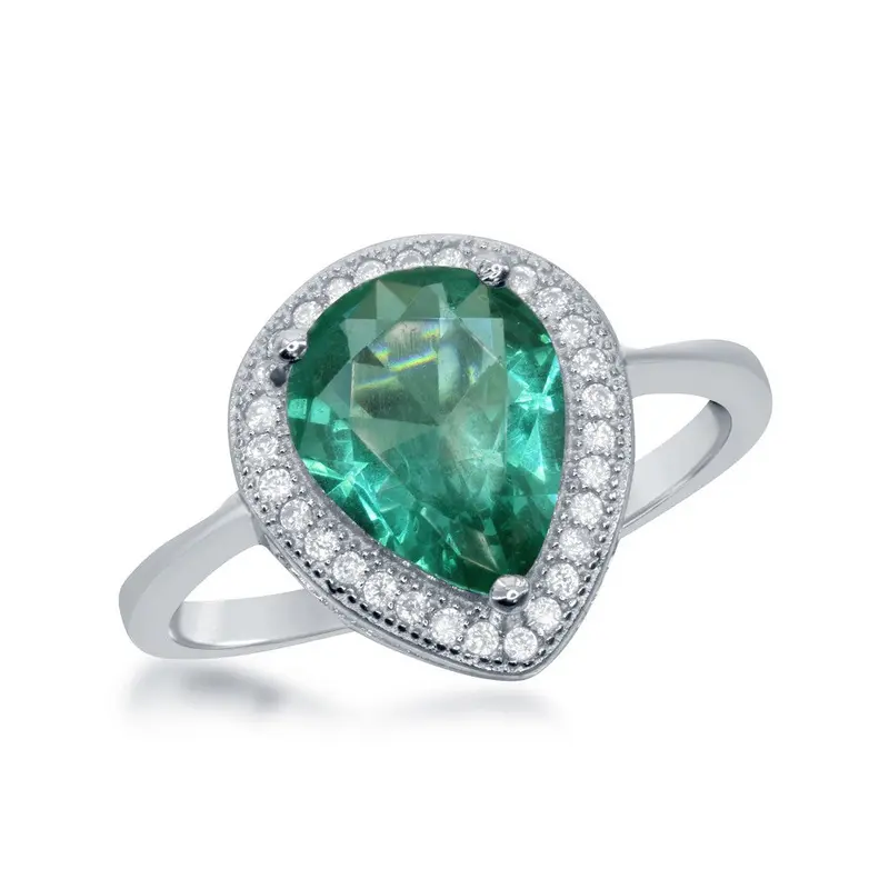 Sterling Silver Teardrop Simulated Emerald with CZ Border Ring