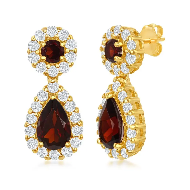 Sterling Silver, White Topaz & Garnet Earrings - Gold Plated
