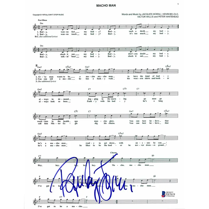 Randy Jones Village People Authentic Signed Macho Man Music Sheet BAS #E67619