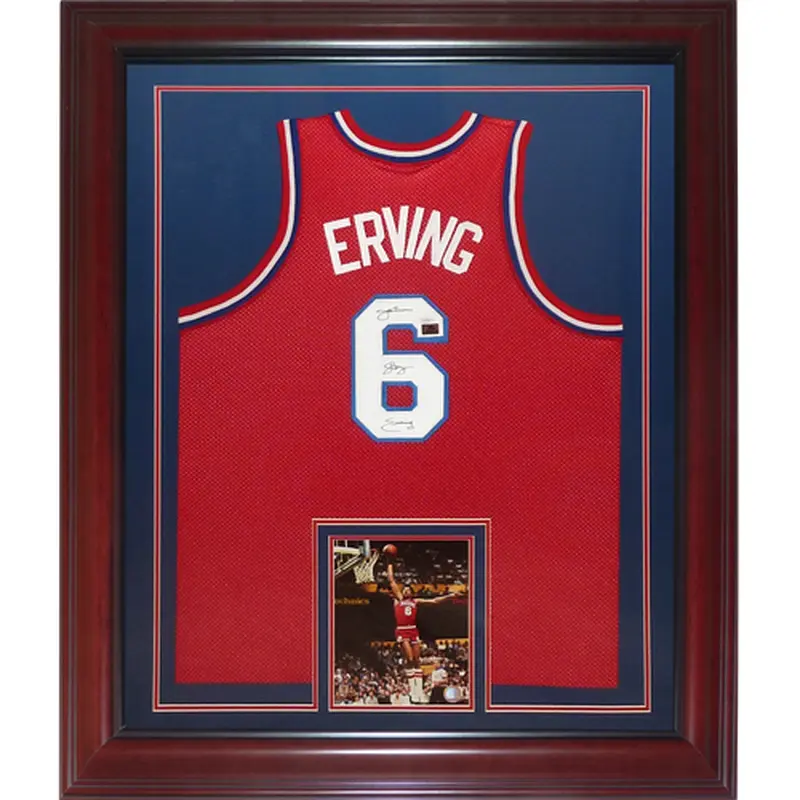 Julius Erving Autographed Philadelphia 76ers (Red #6) Deluxe Framed Jersey w/ "Dr. J" - JSA