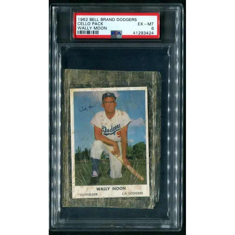1962 Bell Brand Dodgers Baseball Unopened Cello Pack Wally Moon PSA 6