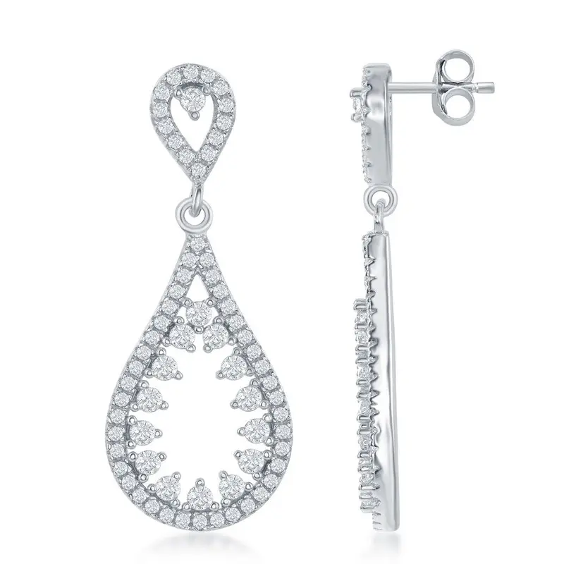 Sterling Silver Open Teardrop With White Cz Center Earrings