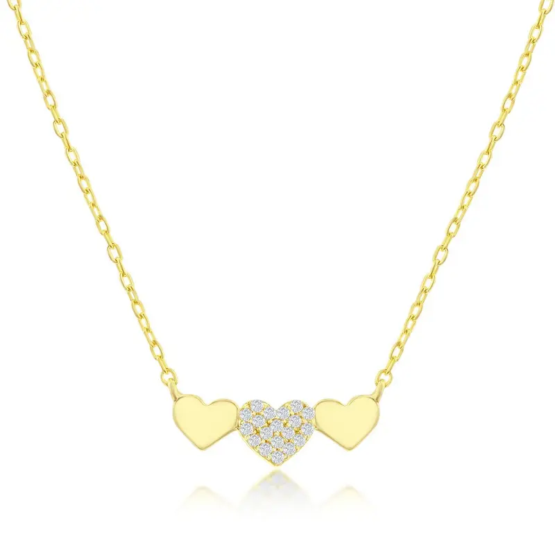 Sterling Silver Triple Heart CZ Bar Necklace - Gold Plated