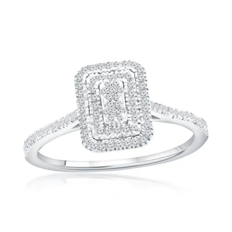 Sterling Silver Double Frame Emerald Diamond Ring - (119 Stones)