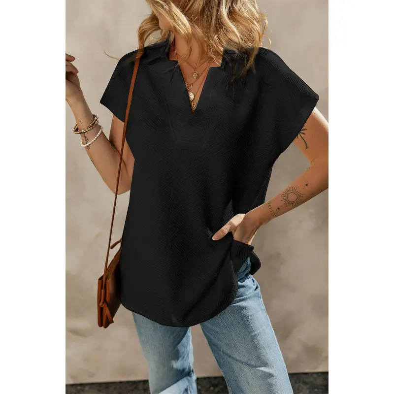 Black Textured V Neck Collared Short Sleeve Top