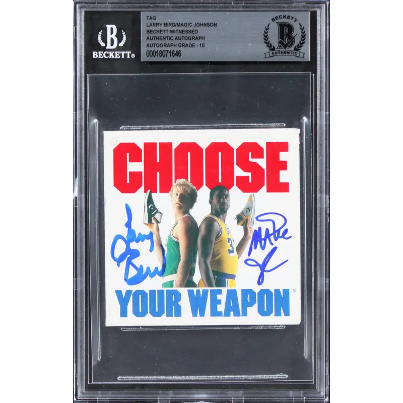 Larry Bird & Magic Johnson Signed 3x3 Converse Weapon Shoe Tag Auto 10! BAS Slab