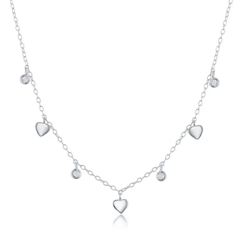 Sterling Silver Alternating Mini Heart & Bezel-Set CZ Necklace