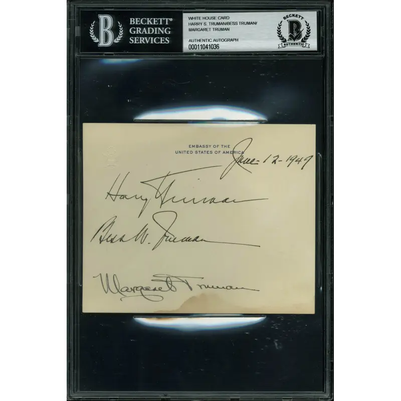 Harry S., Bess & Margaret Truman Signed 4.25x5.25 US Embassy Card BAS Slabbed
