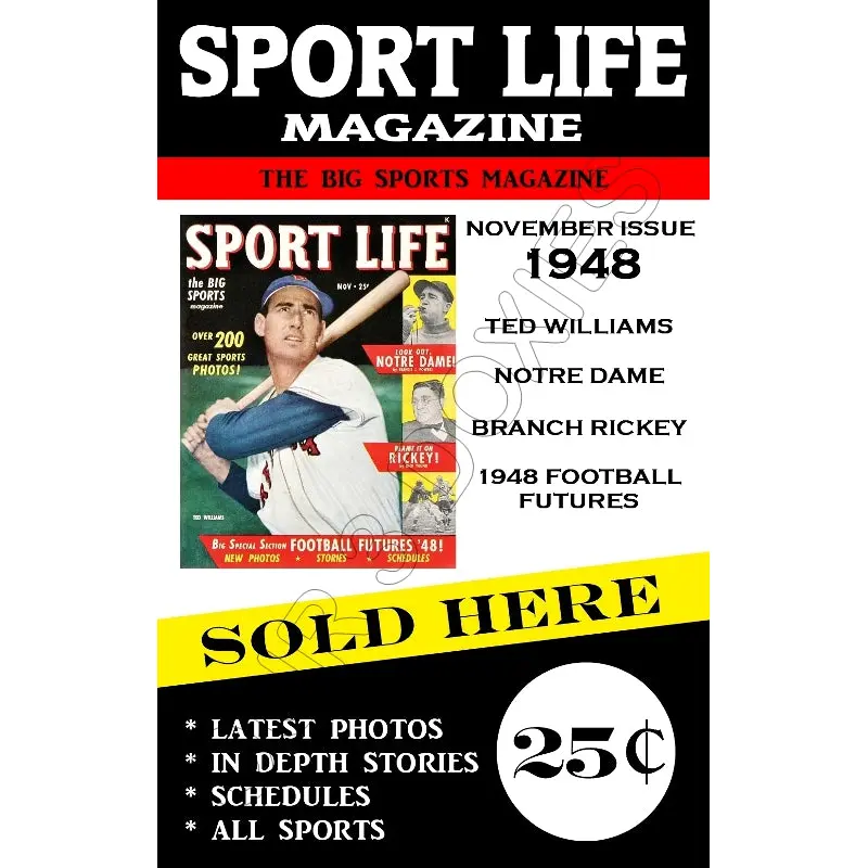 Ted Williams 1948 Sport Life Magazine Store Counter Standup Sign - Red Sox - 1622