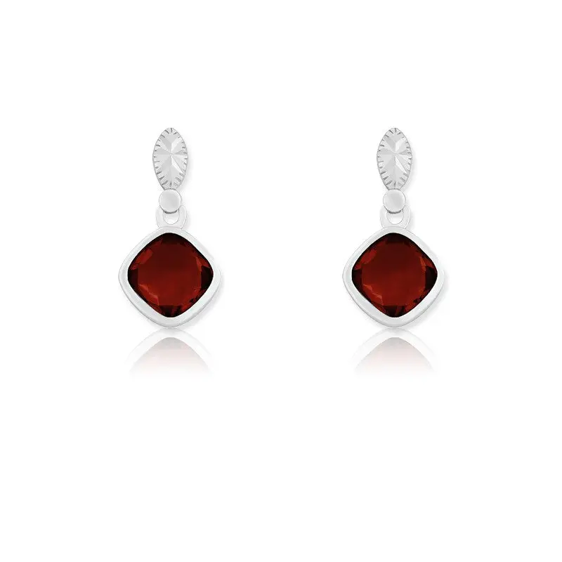 Sterling Silver Square Gemstone Earrings - Garnet