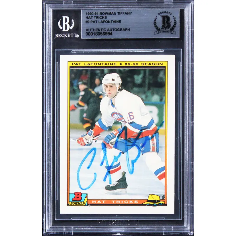 Islanders Pat LaFontaine Signed 1990 Bowman Tiffany Hat Tricks #9 Card BAS Slab