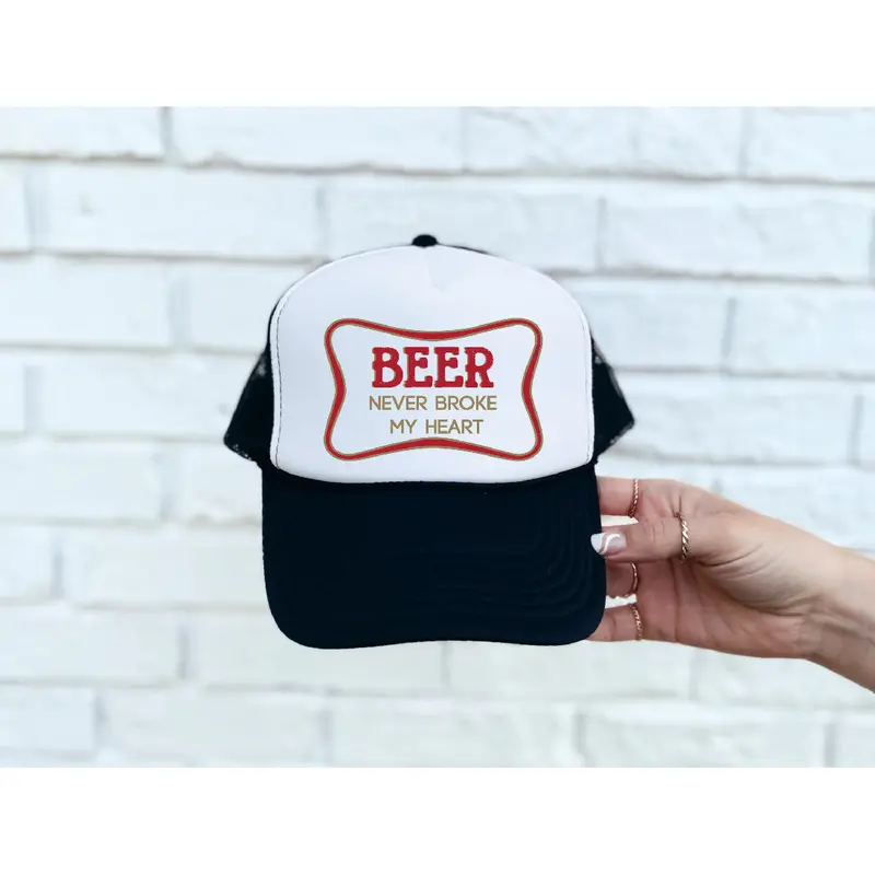 Beer Never Broke My Heart DTF Printed Black & White Trucker Hat
