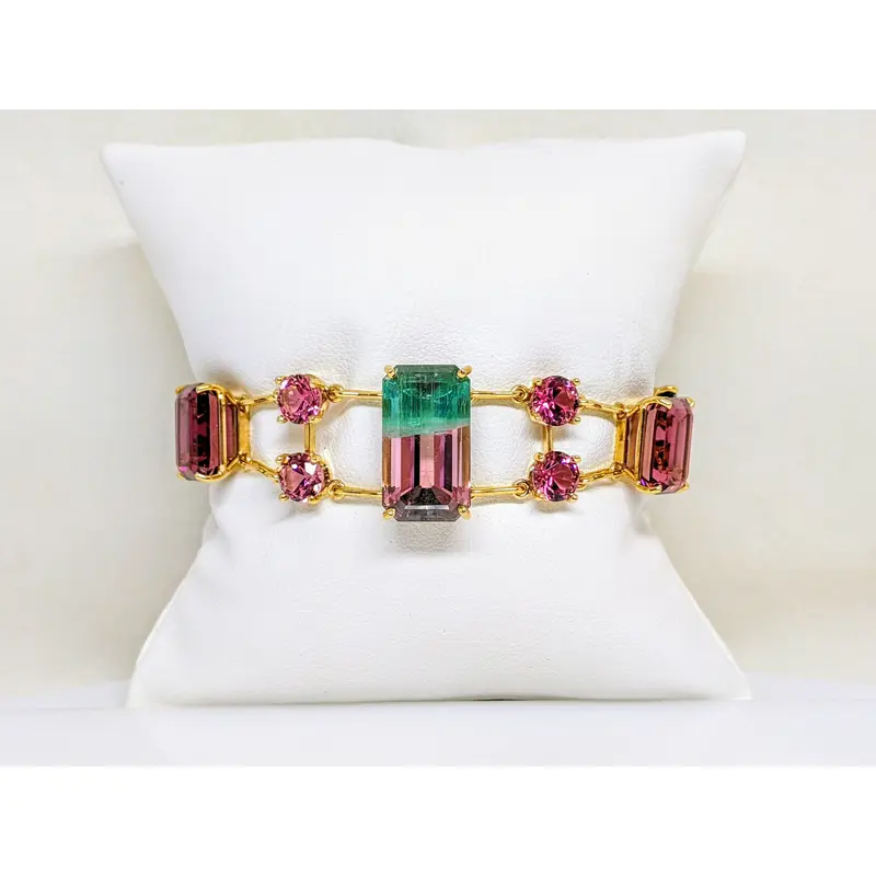 18K TOURMALINE EMERALD CUT (5) ROUND (12) LINK ONE OF A KIND ESTATE BRACELET 25.1 GRAMS