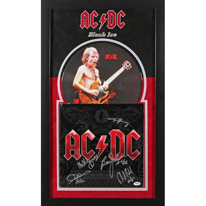 AC/DC (5) Angus, Malcolm, Johnson, Rudd +1 Signed & Framed Album Cover PSA LOA