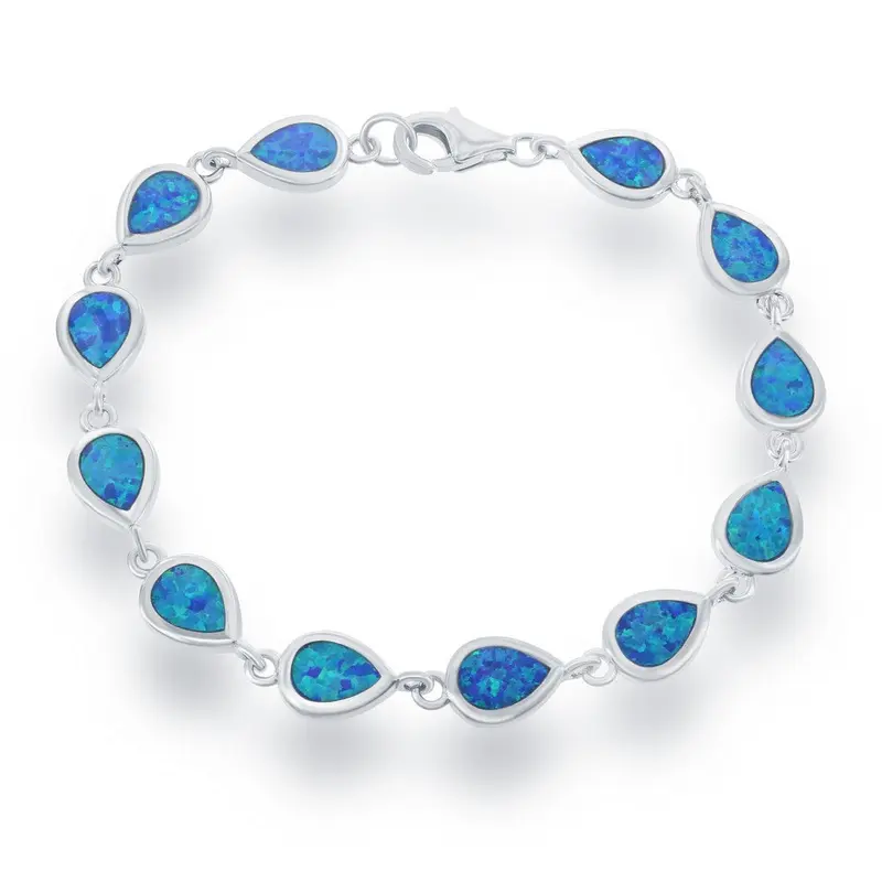 Sterling Silver, Small Blue Inlay Opal Teardrop Link Bracelet
