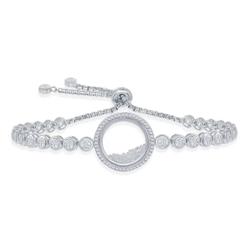 Sterling Silver Floating White CZ in a Disc Bezel-Set CZ Adjustable Bolo Bracelet