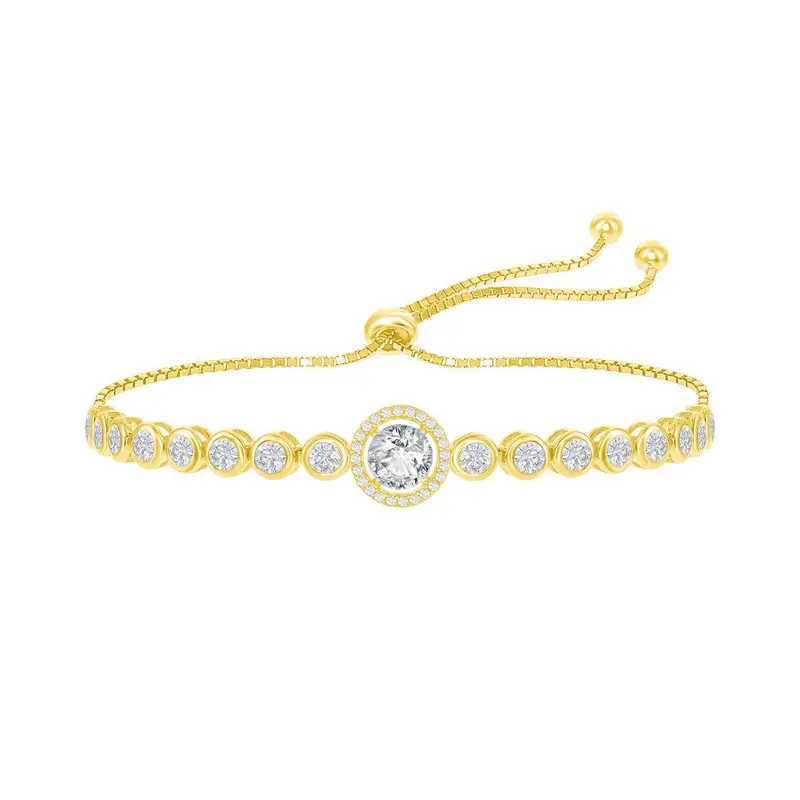 Sterling Silver Round CZ Halo Bezel-Set CZ Adjustable Bolo Bracelet - Gold Plated