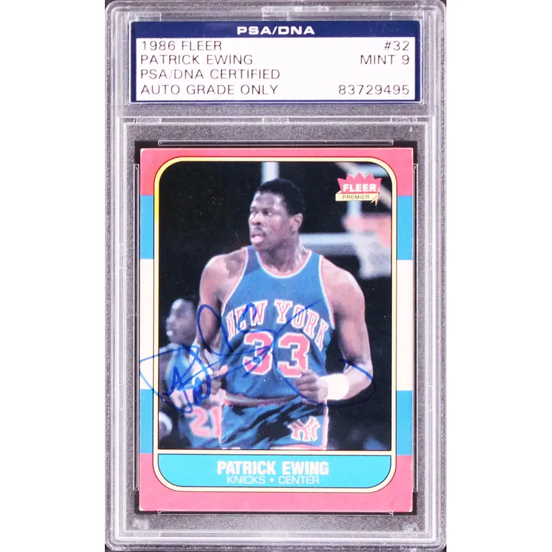 Knicks Patrick Ewing Signed 1986 Fleer #32 Card Auto Graded Mint 9! PSA Slabbed