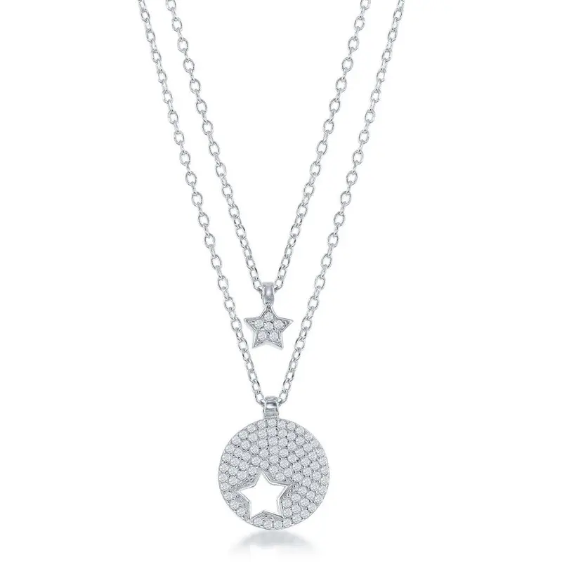 Sterling Silver Micro Pave Round Star Cut-out & Star Double Strand Necklace