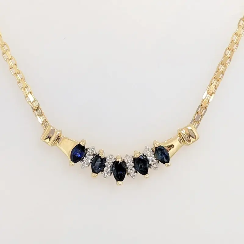 14K SAPPHIRE MARQUISE (5) 2X4 WITH (8) MELEE ESTATE NECKLACE 5.3 GRAMS