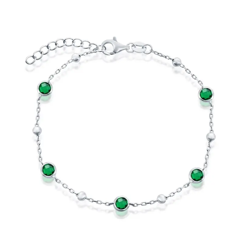 Sterling Silver, Bezel-Set CZ & Bead Bracelet - Emerald