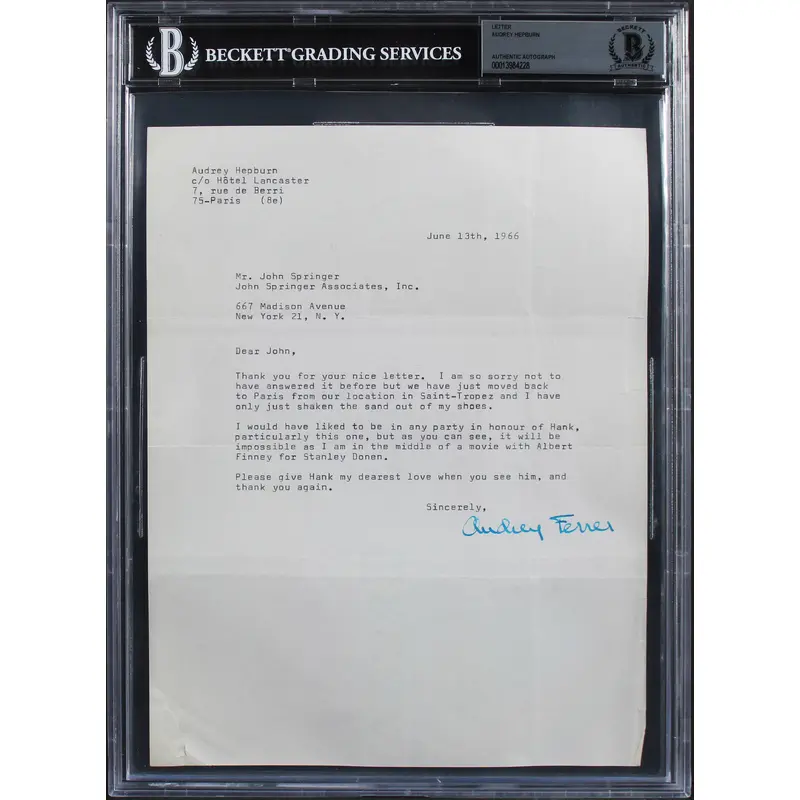 Audrey Hepburn Breakfast At Tiffany's Signed 8x10.5 1966 Letter BAS Slabbed