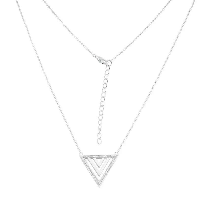Sterling Silver  CZ and Shiny Open Concentric Triangle Necklace