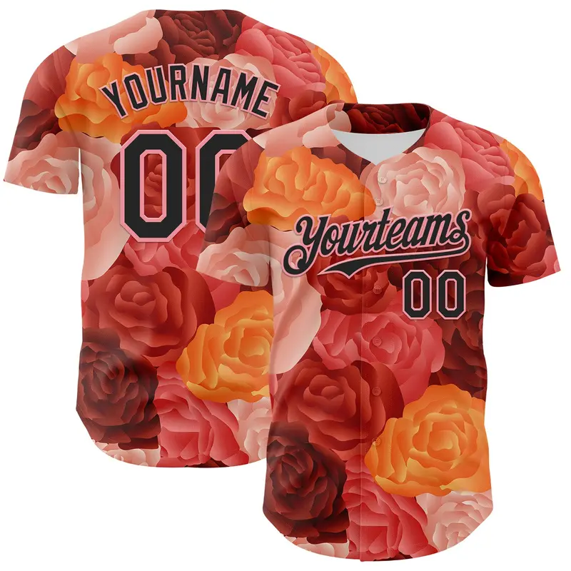 Custom Red Black-Medium Pink 3D Ambartive Rose Pattern Authentic Baseball Jersey