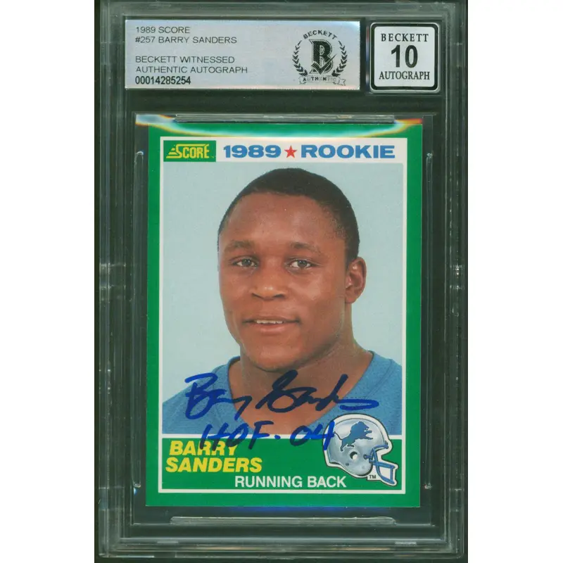 Lions Barry Sanders "HOF 04" Signed 1989 Score #257 Rookie Card Auto 10 BAS Slab