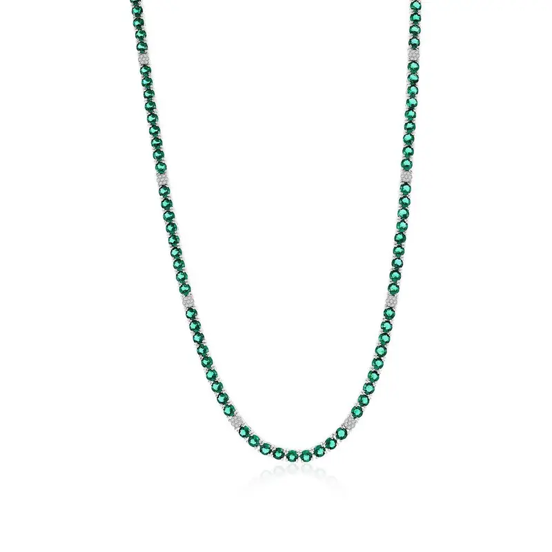 Sterling Silver 3.5mm Round CZ Tennis Necklace - Emerald Spinel
