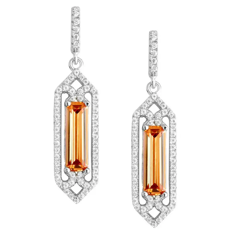 Sterling Silver CZ Border with Center Rectangle Champagne CZ Earrings