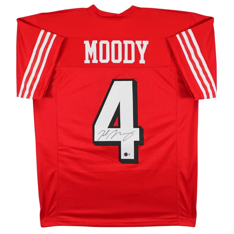 Jake Moody Authentic Signed Red Pro Style Jersey w/ Dropshadow BAS Witnessed