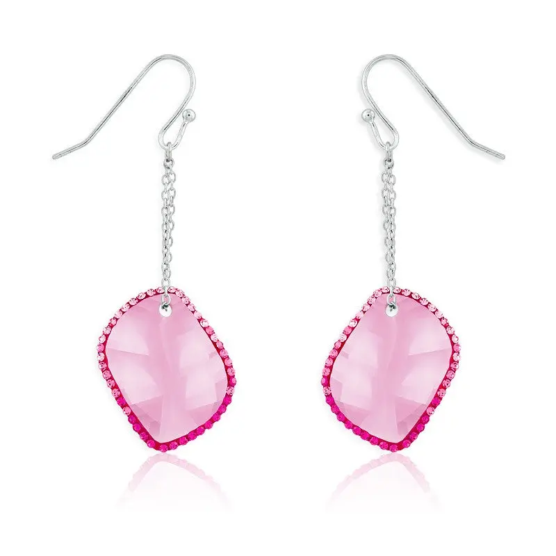 Sterling Silver Large Pink CZ w/Surrounding Pink Crystals Dangling Earrings